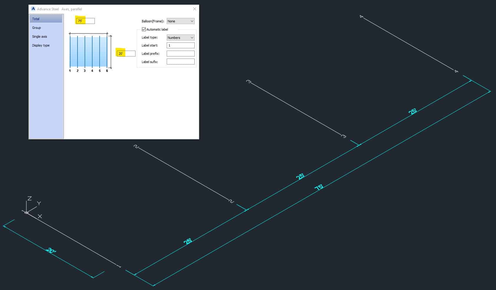 Grid with Four Axes dialog box