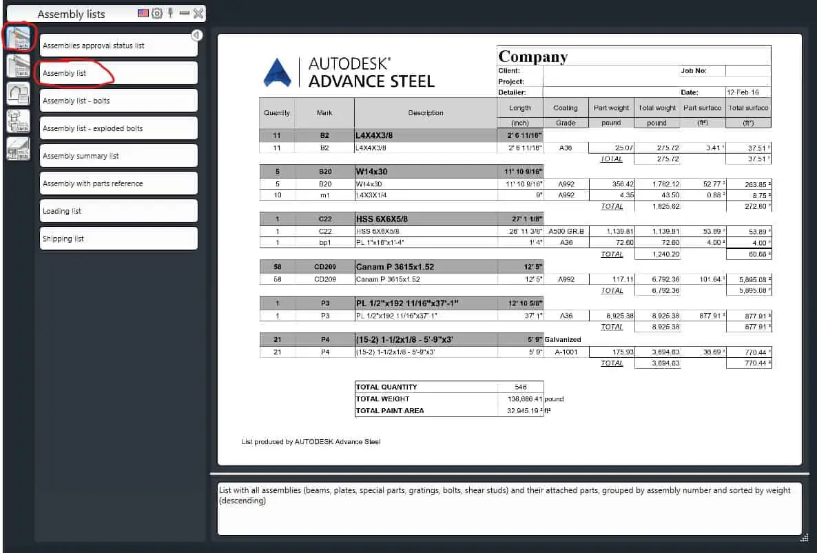 Assembly List Tool - Advance Steel