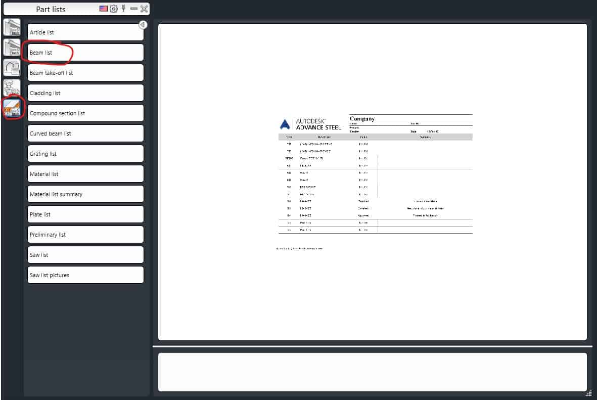 Beam List Category - Advance Steel