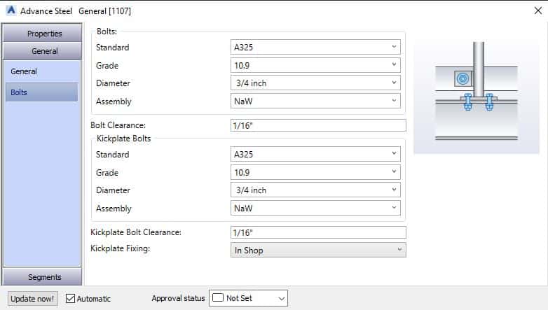 General Tab - Bolts - Monowills in Advance Steel Complete Guide