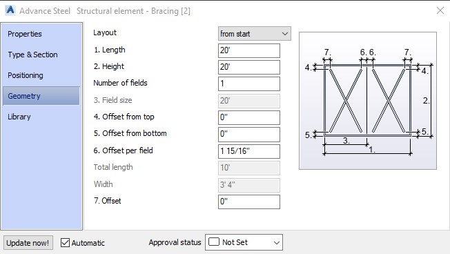 Geometry tab - Bracing in Advance Steel