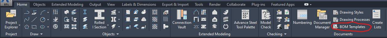 Home Tab - Bill Of Material BOM in Advance Steel