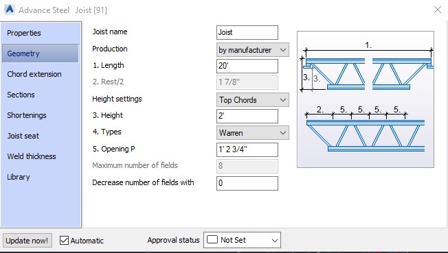 Joist Geometry Tab - Advance Steel dialog box