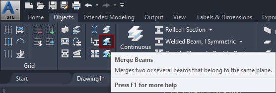 Merge beam - Objects tab - Advance Steel