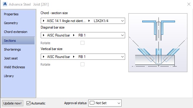 Sections Tab - Joists in Advance Steel