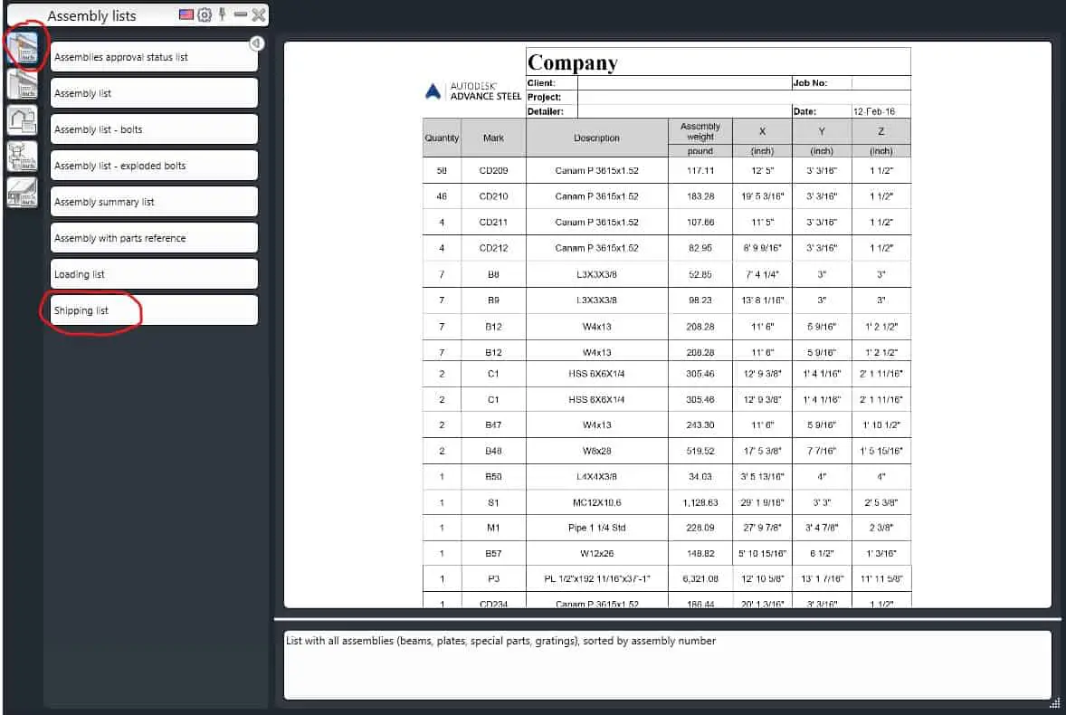 Shipping List Category - Advance Steel