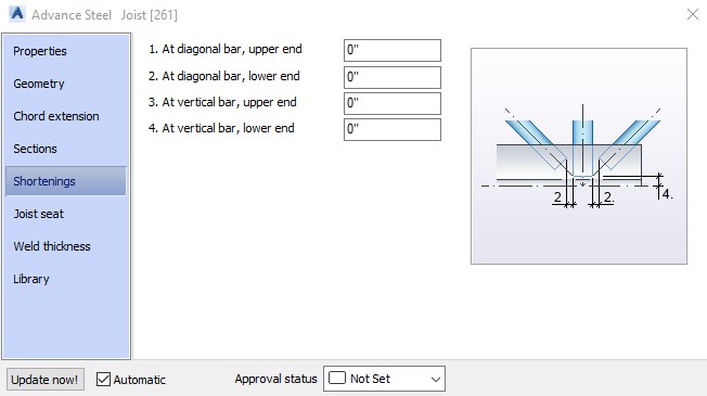 Shortenings Tab - Joists in Advance Steel