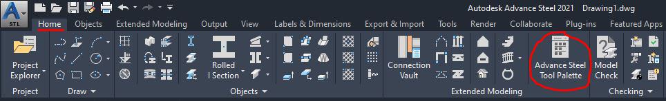 Advance Steel Tool Palette - Home tab