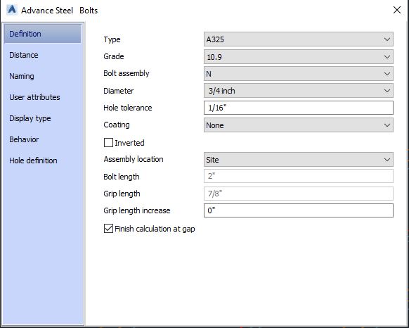 Bolt Dialog Box - Advance Steel