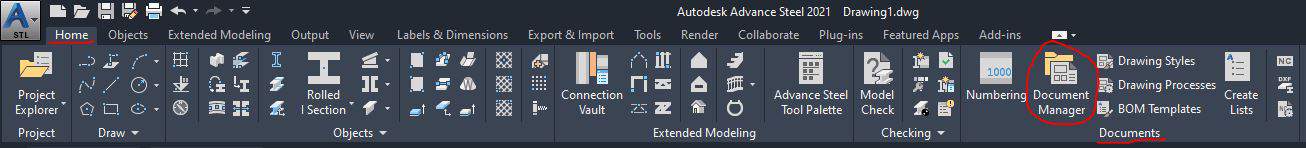 Document Manager in Advance Steel - Home tab