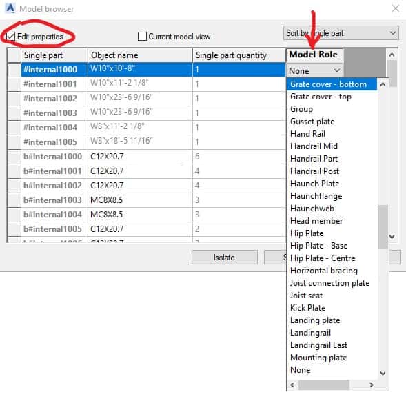 Edit Properties in Model Browser in Advance Steel