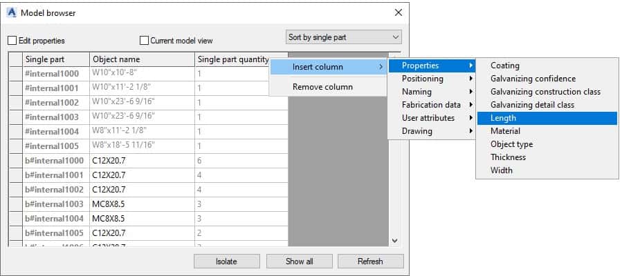 Insert Additional Column in Model Browser - Advance Steel tutorial
