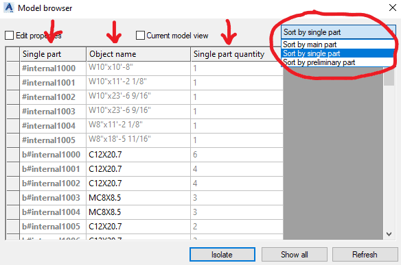 Sort in Model Browser in Advance Steel