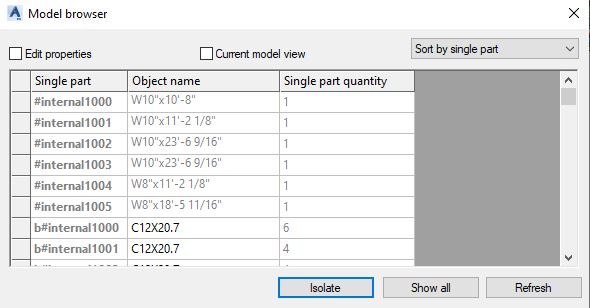 The Model Browser Window in Advance Steel