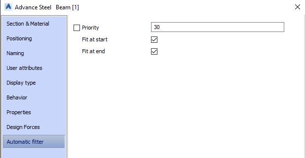 Advance Steel Concrete Beam Tool Dialog Box - Automatic Fitter Tab