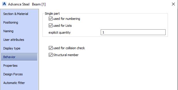 Advance Steel Concrete Beam Tool Dialog Box - Behavior Tab