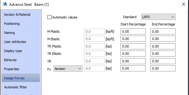 Advance Steel Concrete Beam Tool Dialog Box - Design Forces Tab