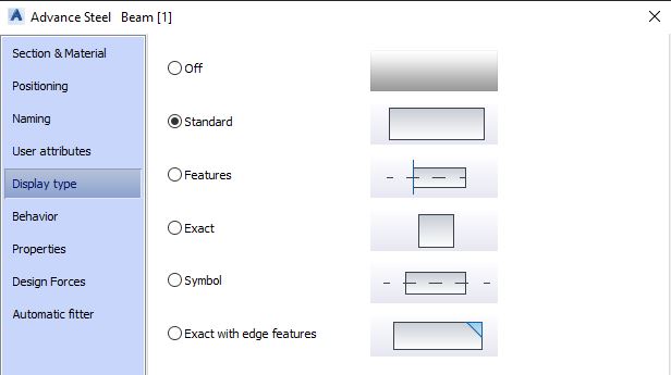 Advance Steel Concrete Beam Tool Dialog Box - Display Type Tab