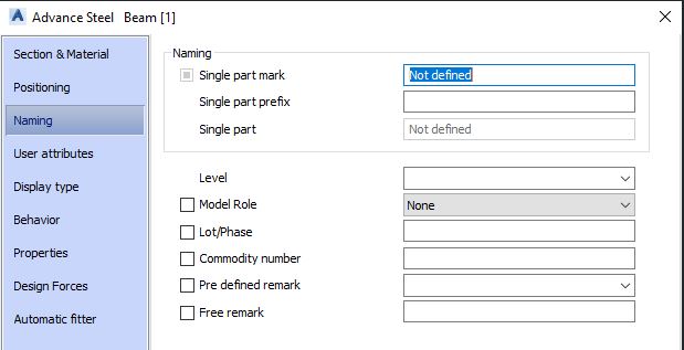 Advance Steel Concrete Beam Tool Dialog Box - Naming Tab