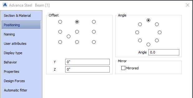 Advance Steel Concrete Beam Tool Dialog Box - Positioning Tab