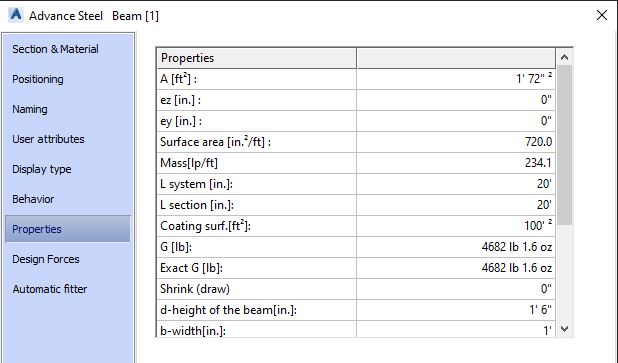 Advance Steel Concrete Beam Tool Dialog Box - Properties Tab