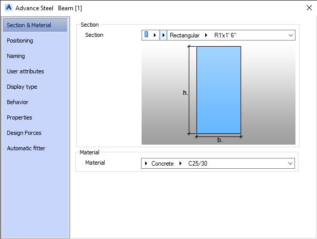 Advance Steel Concrete Beam Tool Dialog Box - Section And Material Tab