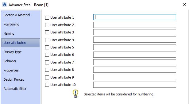 Advance Steel Concrete Beam Tool Dialog Box - User Attributes Tab