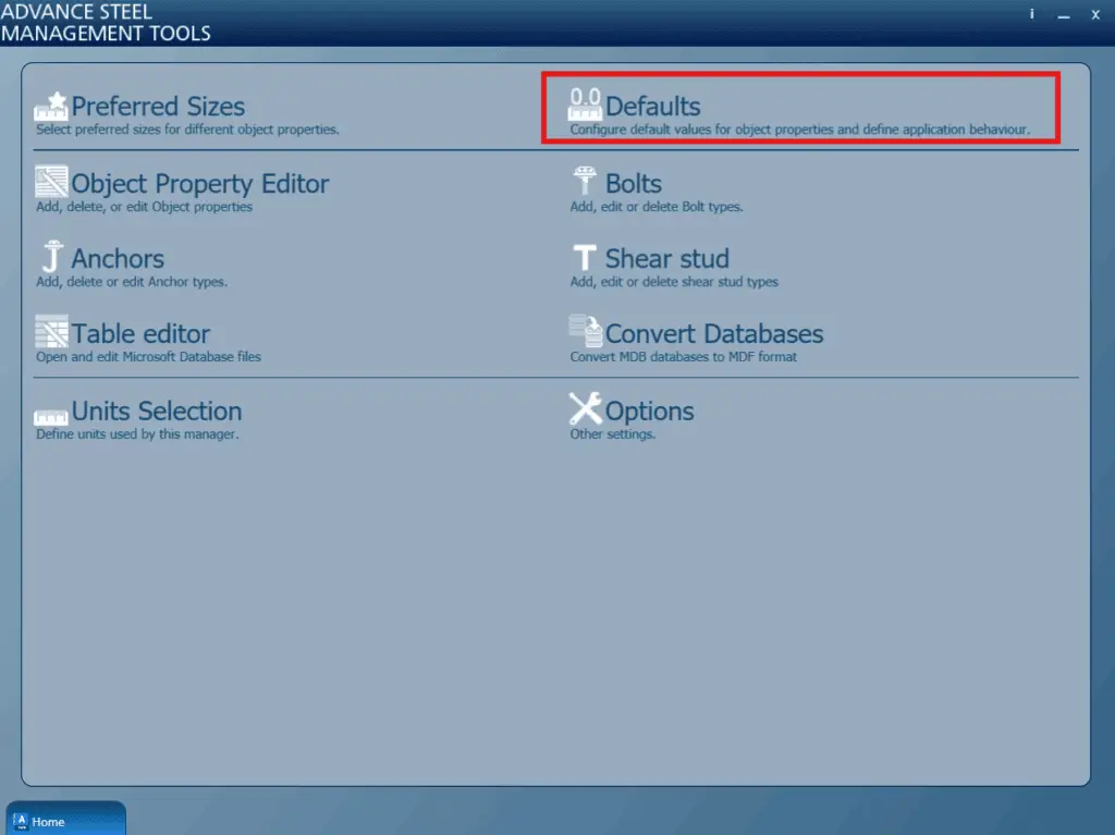 Advance Steel Management Tools window