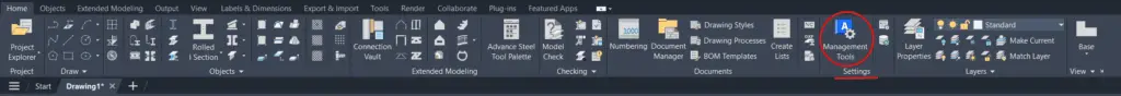 Advance Steel Ribbon - Management Tools button