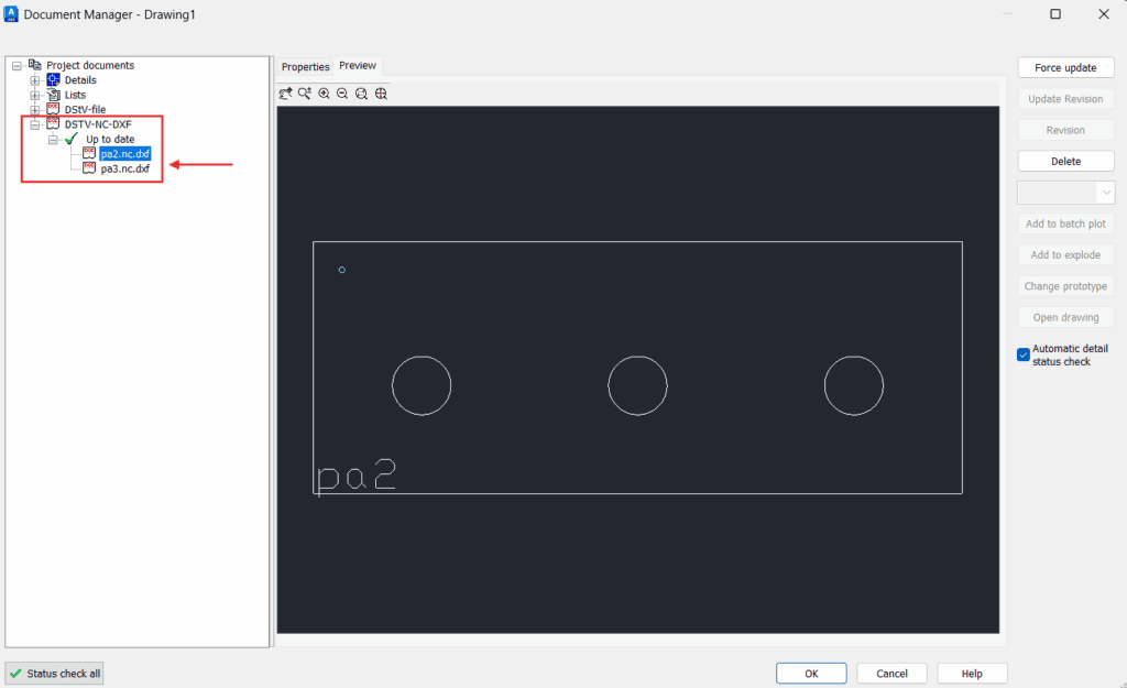 Advance Steel Project Document tree - DSTV-NC-DXF